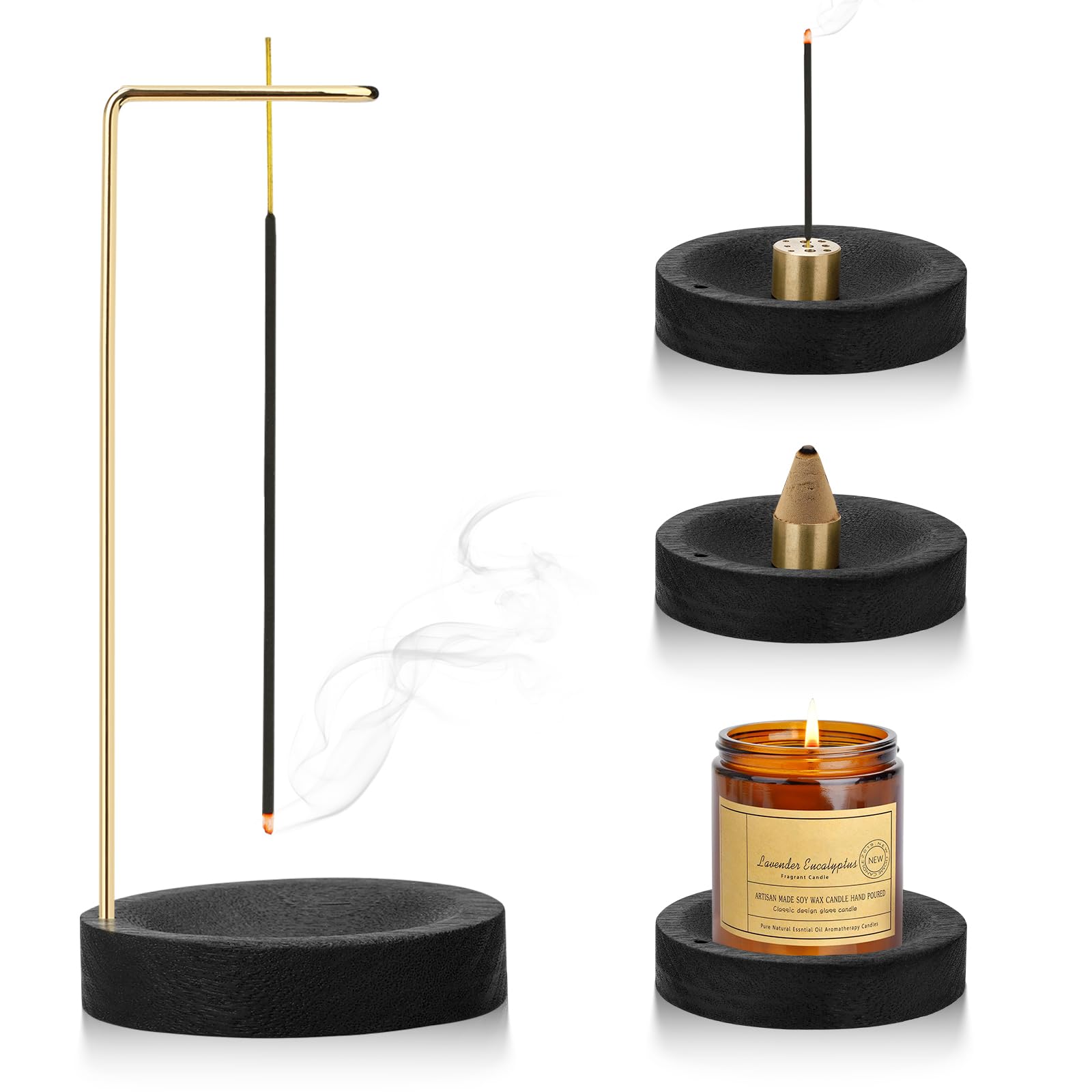 Incense Holder, 2-in-1 Handmade Wooden Round Base Upside Down Incense Stick Holder Modern Design with Cone Coil, 9 Hole Incense Holder Incense Burner for Home Office Decor, Yoga, Meditation (Black)