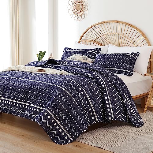 JANZAA Queen Size Quilt Boho Bedding Bedspreads Queen Size Navy Blue Quilt 3PCS with 2 Pillow Cases Reversible Coverlet Bedding Set for All Season