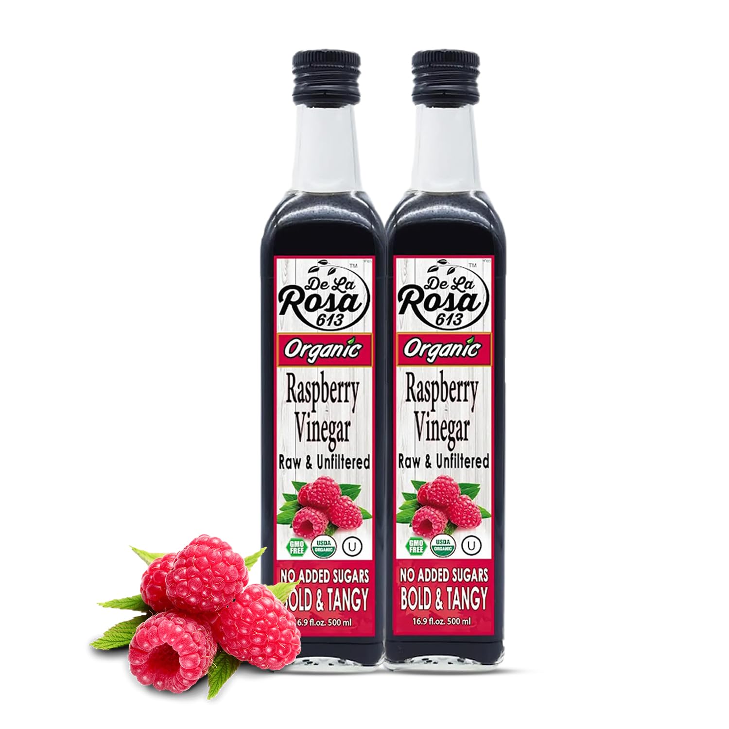 De La Rosa Raspberry Vinegar Organic, Raw & Unfiltered Pure Vinegar, Vegan, Gluten Free & Kosher, Raspberry Vinaigrette Salad Dressing & Marinades, Raspberry Vinaigrette 16.9 Oz (Pack of 2)