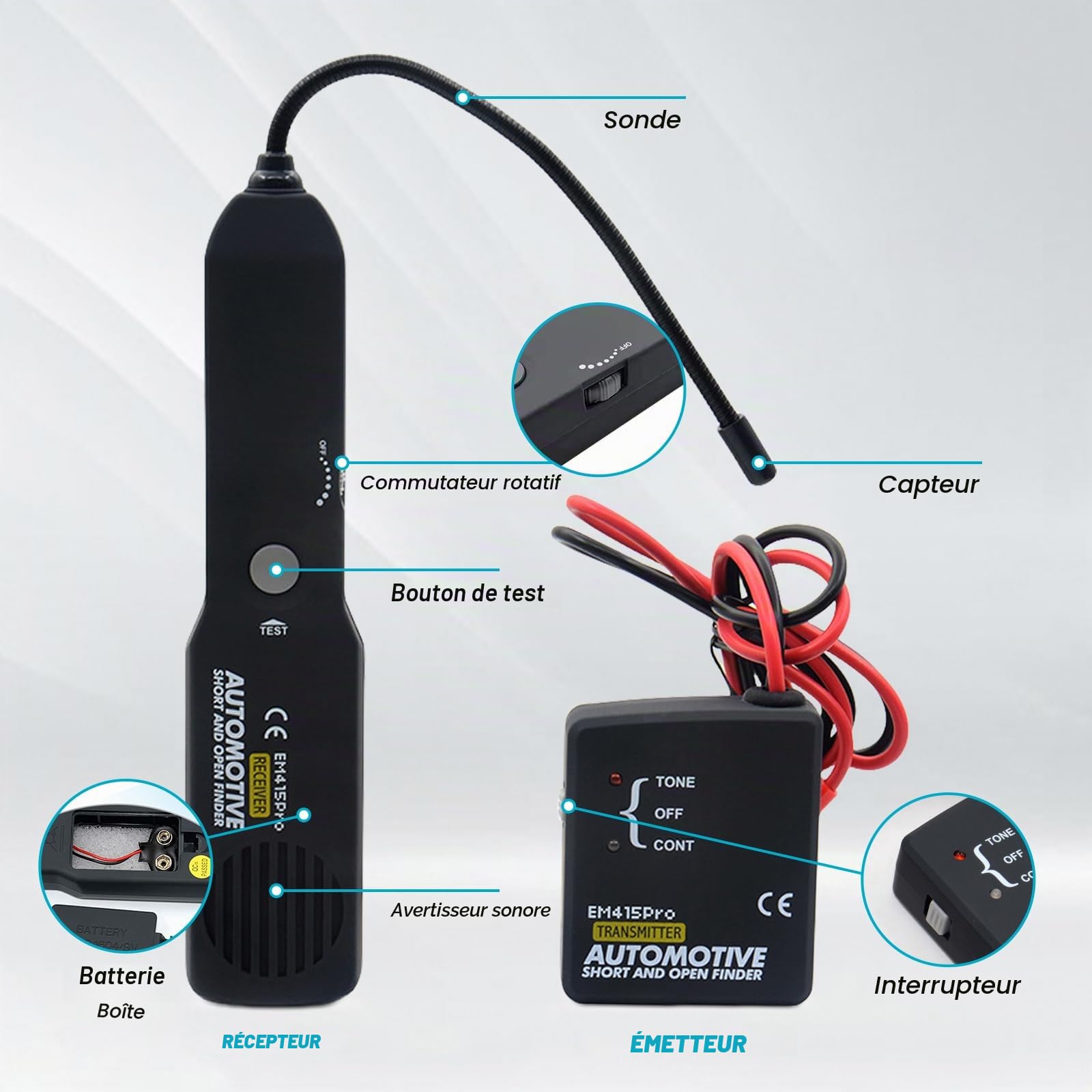 Em415pro DC 6-42 V Testeur de rupture de fil de voiture, traceur de câble, testeur de câble, détecteur de câble, appareil de recherche de rupture de câble, robot tondeuse pour détecter les systèmes de