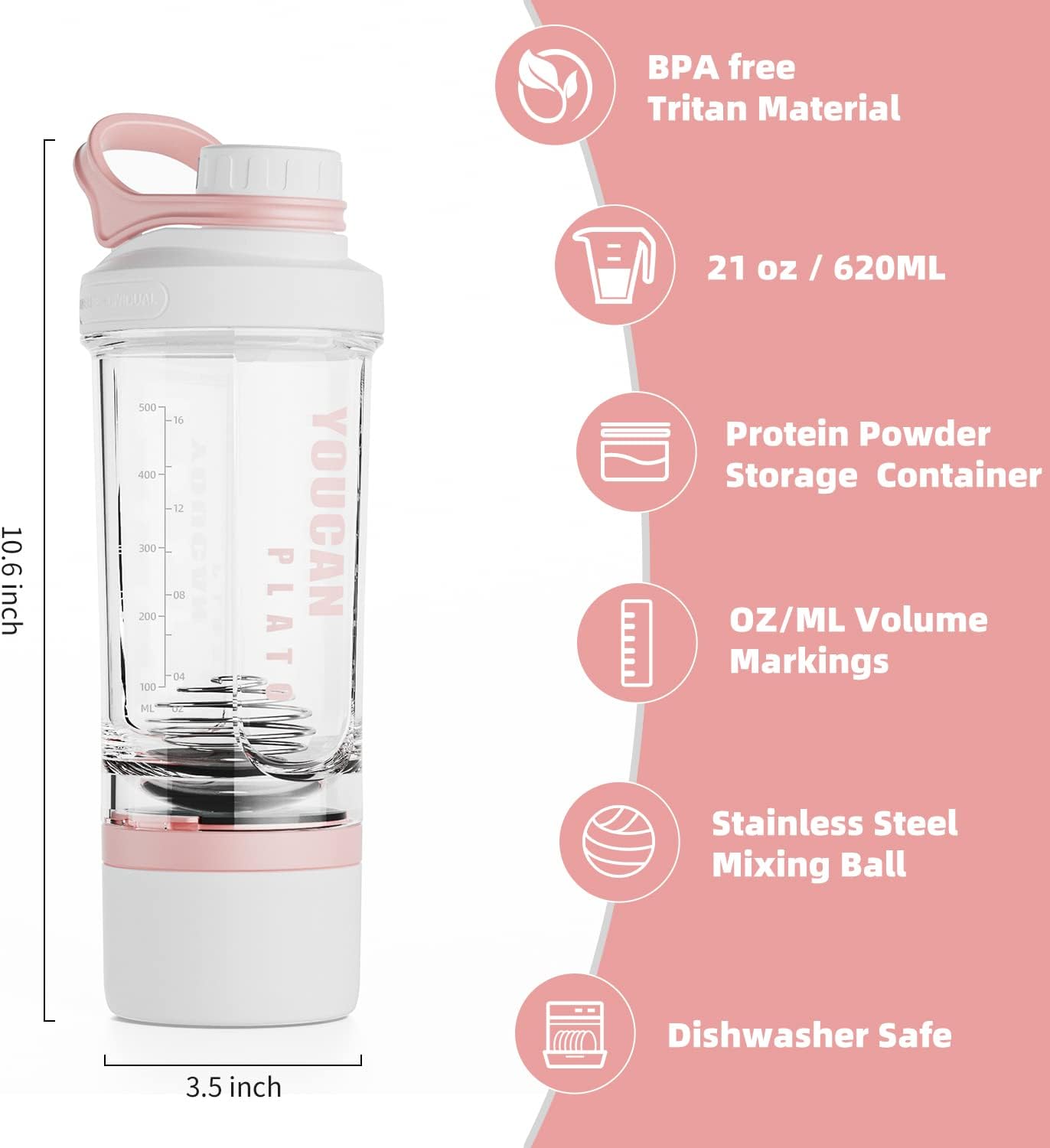 21oz Protein Shaker Bottle with Powder Storage Container-Shaker Cups for Protein Shakes-pre workout bottle-Mixer Cup-Gym Sport Water Bottle -Made with Tritan BPA Free,with Wire Whisk Balls,Pink