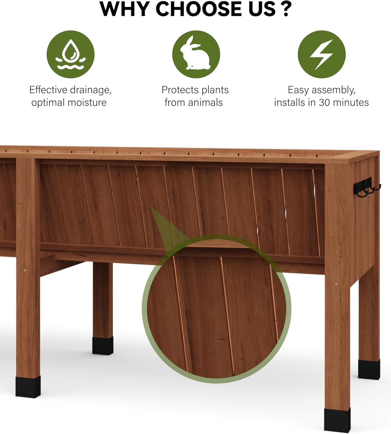 6x2x2.5 ft Large Raised Garden Bed (72x26x30 in) - Elevated Wood Planter Box with Storage Hooks & Locking Wheels - 13.7 in Deep Outdoor Grow Box for Vegetables/Herbs w/Non-Woven Liner