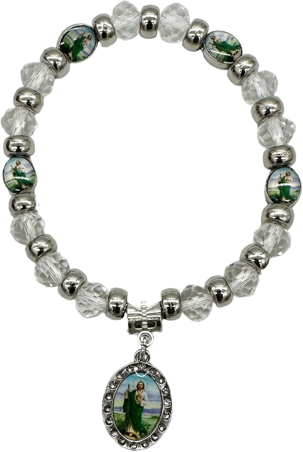 RBN Saint Jude White Crystal Bracelet Pulsera De San Judas Tadeo Prosperidad Proteccion Y Buena Suerte Baptism Beaded Bracelets - 12 PCS
