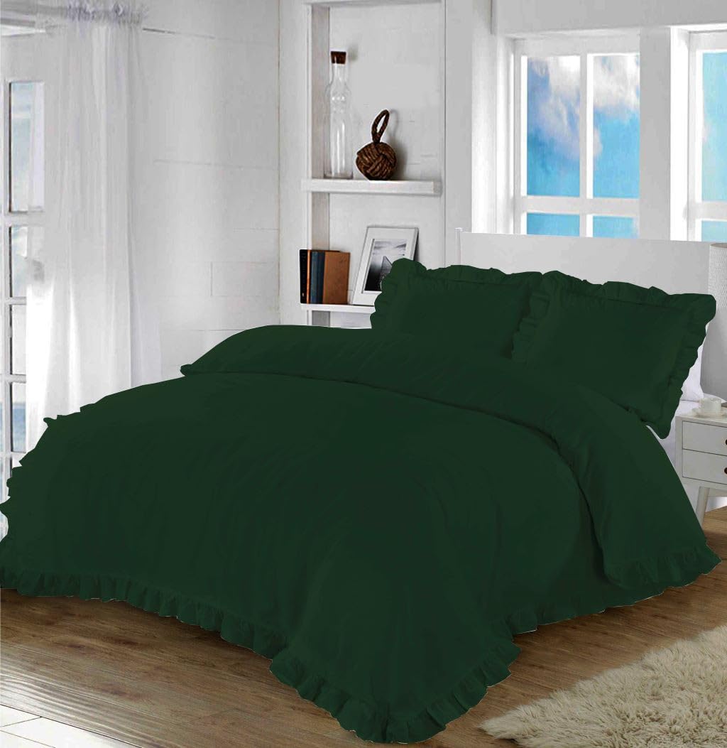 KARKARM Santiago Green Ruffle Frill Duvet Cover King Size Frilled Edge Ruffle Duvet Cover Sets with 2 Pillowcases Ruffle Edge Bedding Poly Cotton Quilt Covers Sets