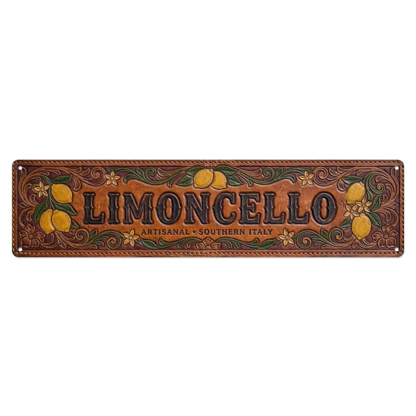 Limoncello Leather Embossed Lemon Metal Tin Skinny Sign Plaque Wall Decor for Cafe, Club Bar, Office, Home Garden Metal Poster 4x16Inch