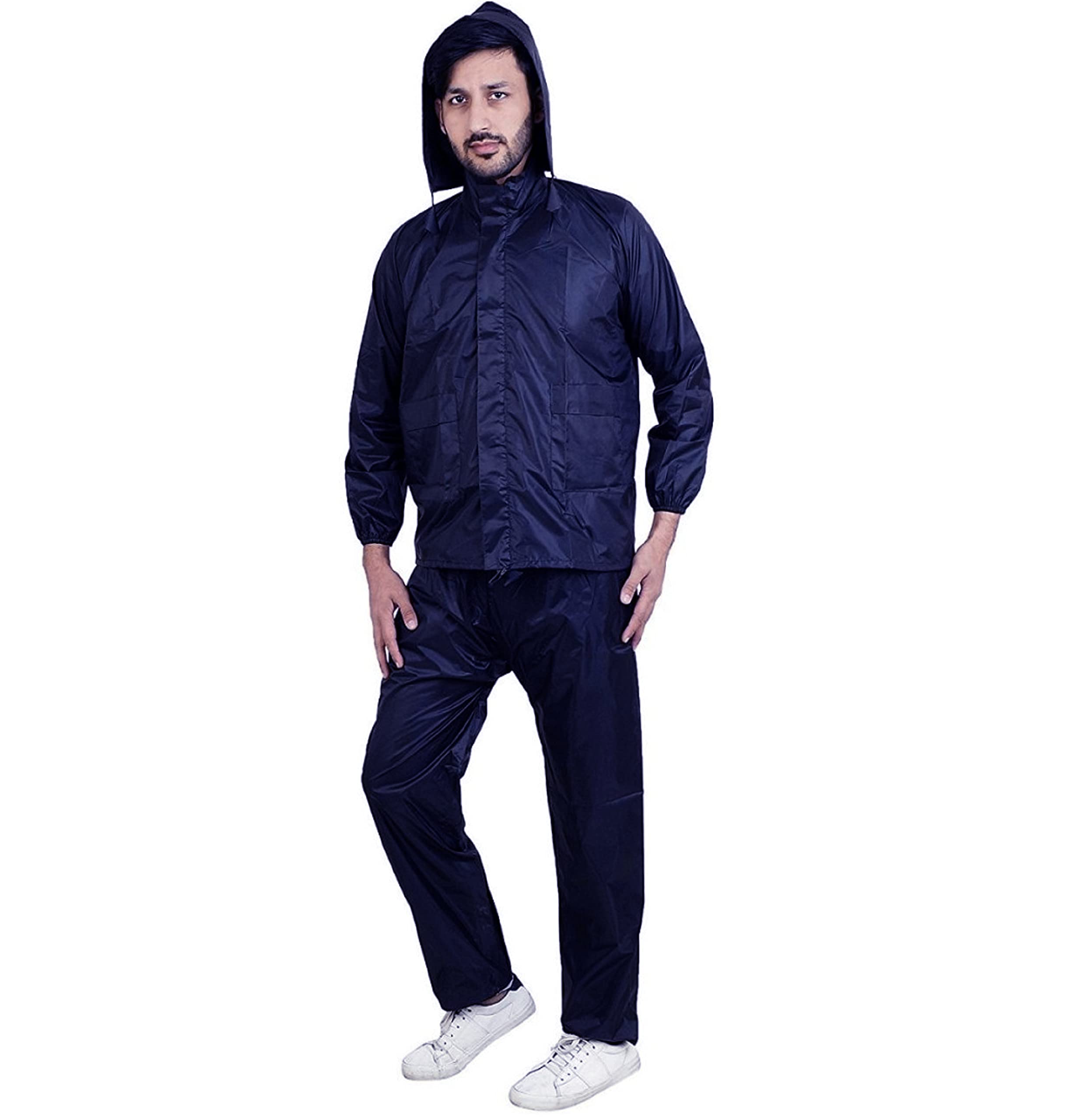 n g products 100% Waterproof Semi-Nylon Zipper Raincoat With Jacket, Hood and Pant With Pockets for Men and Women (Black & Blue)-picture-35