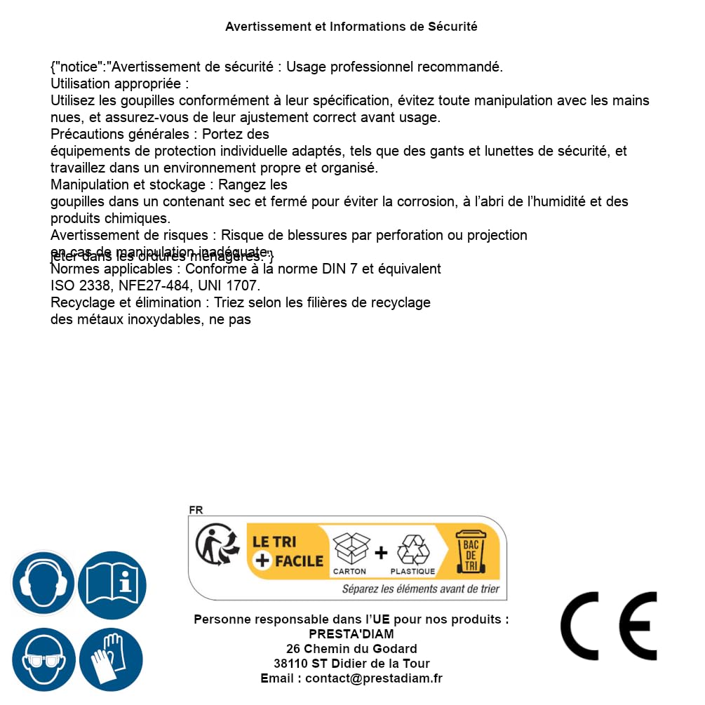 100 pasadores cilíndricos 8 x 20 mm - DIN 7 - ISO 2338 - NFE27-484 - UNI 1707 - Inox A1 - D-Work