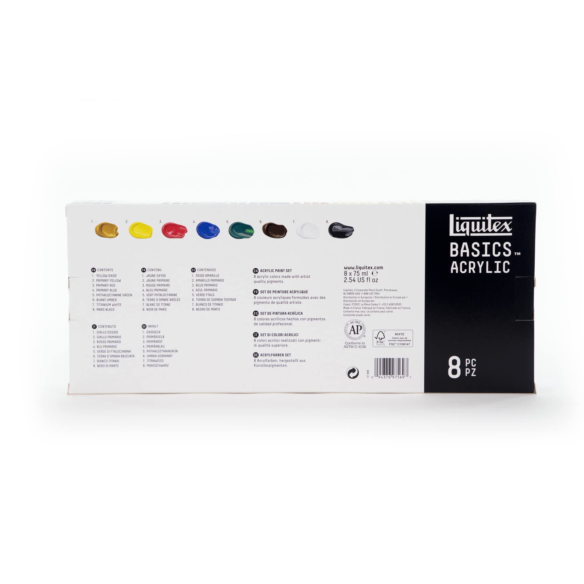 Liquitex 3699396 Basics zestaw farb akrylowych – tubki 8 x 75 ml, odporne na działanie światła farby akrylowe, żywe kolory, idealne do malowania na płótnie, malarstwie akrylowym, mieszanych nośnikach