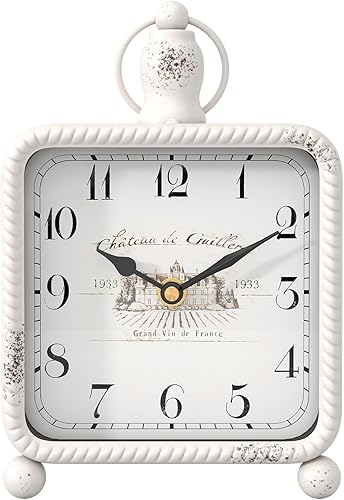 Reloj de mesa blanco vintage con soporte, escritorio y estante, estilo rústico francés, sin tictac, para granja, sala de estar, dormitorio, mesita