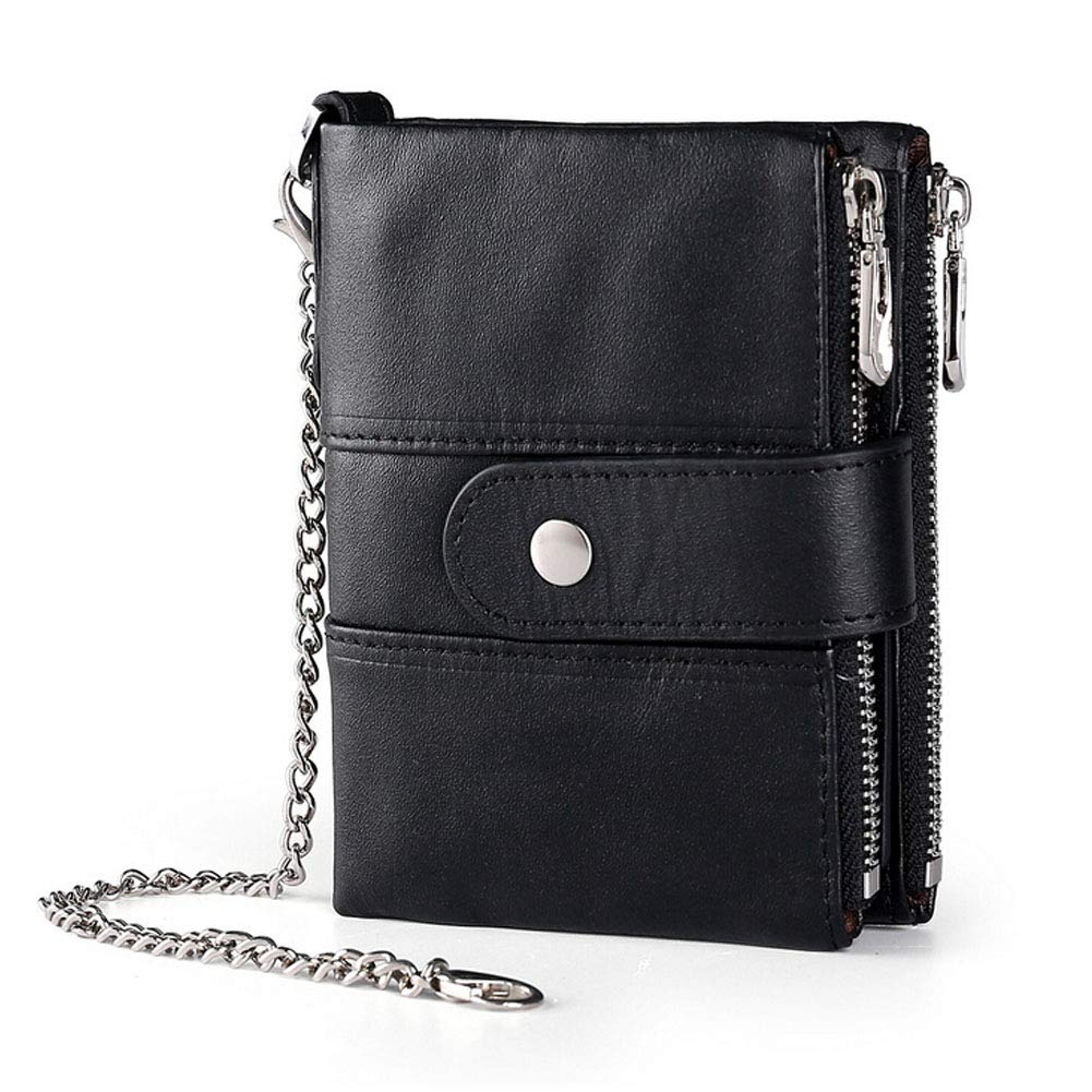 boshiho Real Leather RFID Blocking Bifold Wallets for Men Double Zipper Coin Pocket Purse with Anti-Theft Chain