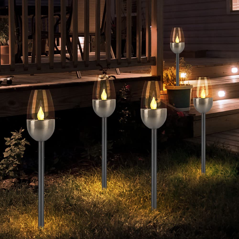 Solarleuchte Wegelampe Außenleuchte, Gartenfackel mit Feuereffekt, Terrassenlampe, integrierter Akku, Metall, schwarz, LED, DxH 6x38cm, 5er Set