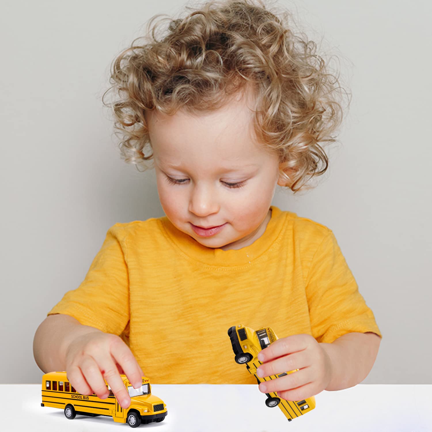 Paquete de 2 juegos de autobús escolar de 5.5 pulgadas, vehículos de juguete de metal fundido a presión con amarillo para niños pequeños 6