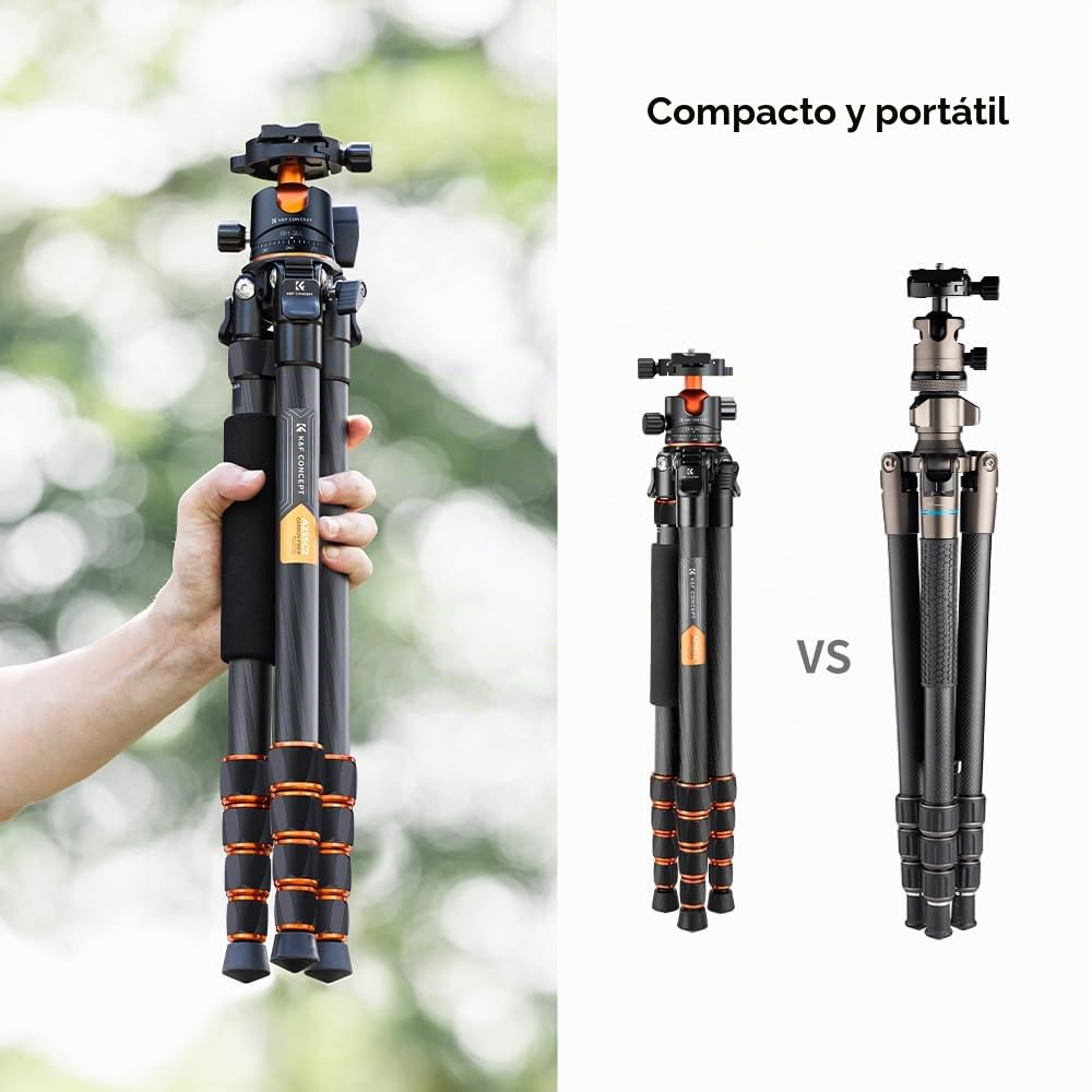K&F CONCEPT Trípode Cámara de Carbono Compacto con Rótula de Bola 360°Compatible con Cámara DSLR, Carga Máxima: 15KG (A255C2+BH-36L) | Rótula de Bola 360°, Compatible con Cámara DSLR, Carga Máxima: 15KG, A255C2+BH-36L