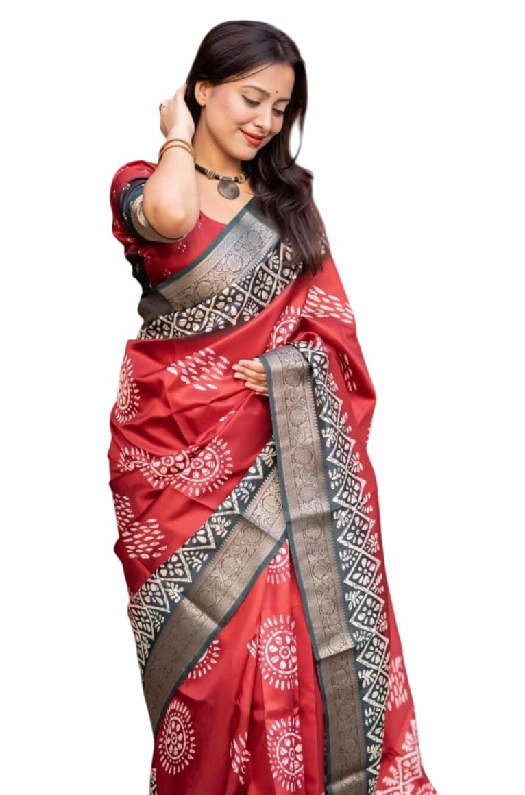 lyamay Women's Dola Silk Kalamkari Bandhani Printed Saree with Blouse Piece-picture-17