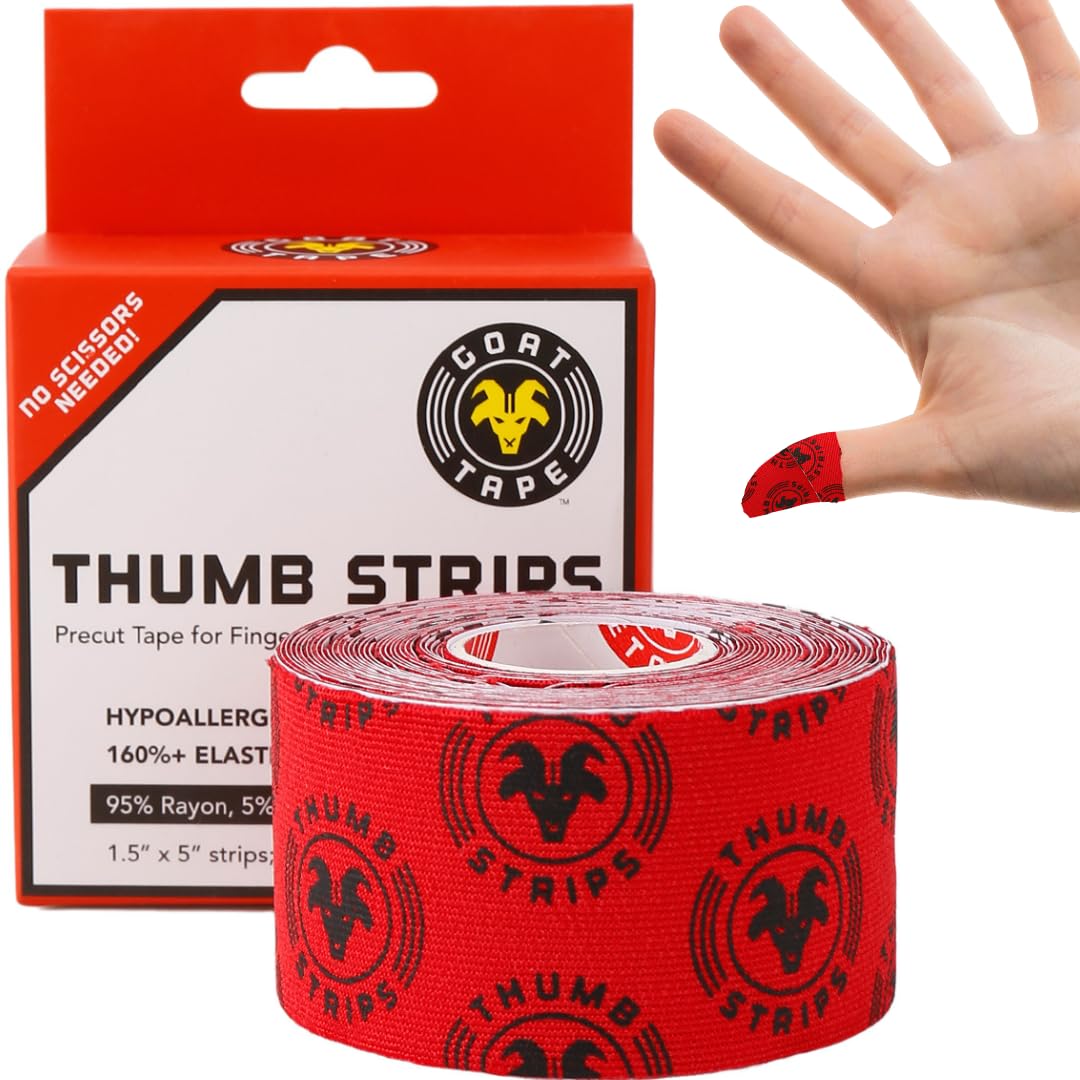 Goat Tape Thumb Strips Pre Cut Athletic Tape for Fingers - Extra Sticky Elastic Athletic Thumb Tape for Weightlifting, Cross Training, Gym Grips, Hook Grip, WOD Workout Hand Wrap - 1.5’’ x 5’’ Strips