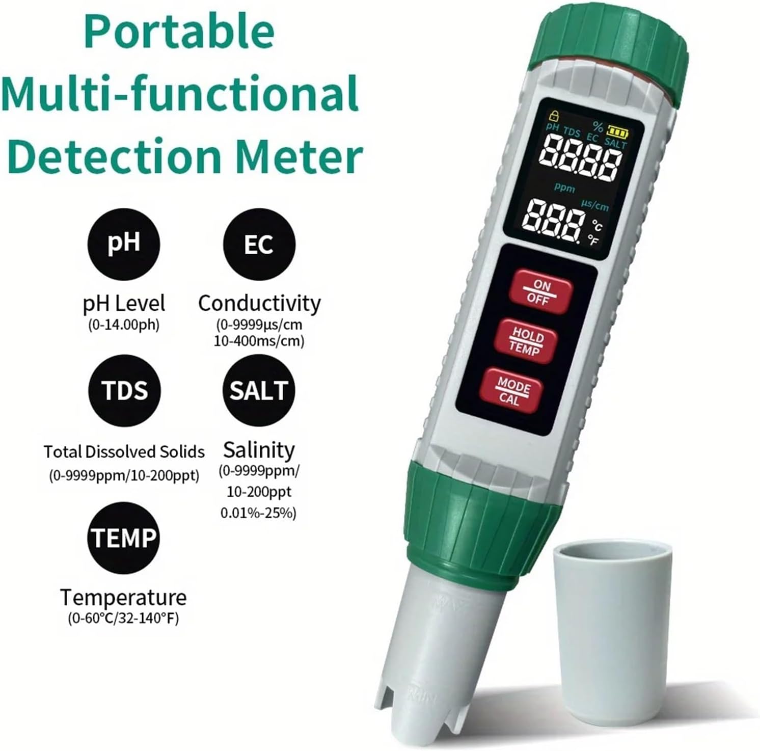 Portable 5-in-1 Water Quality Tester with High-Sensitivity Probe Measures TDS, EC, pH, Salt Temperature for Home Water Testing