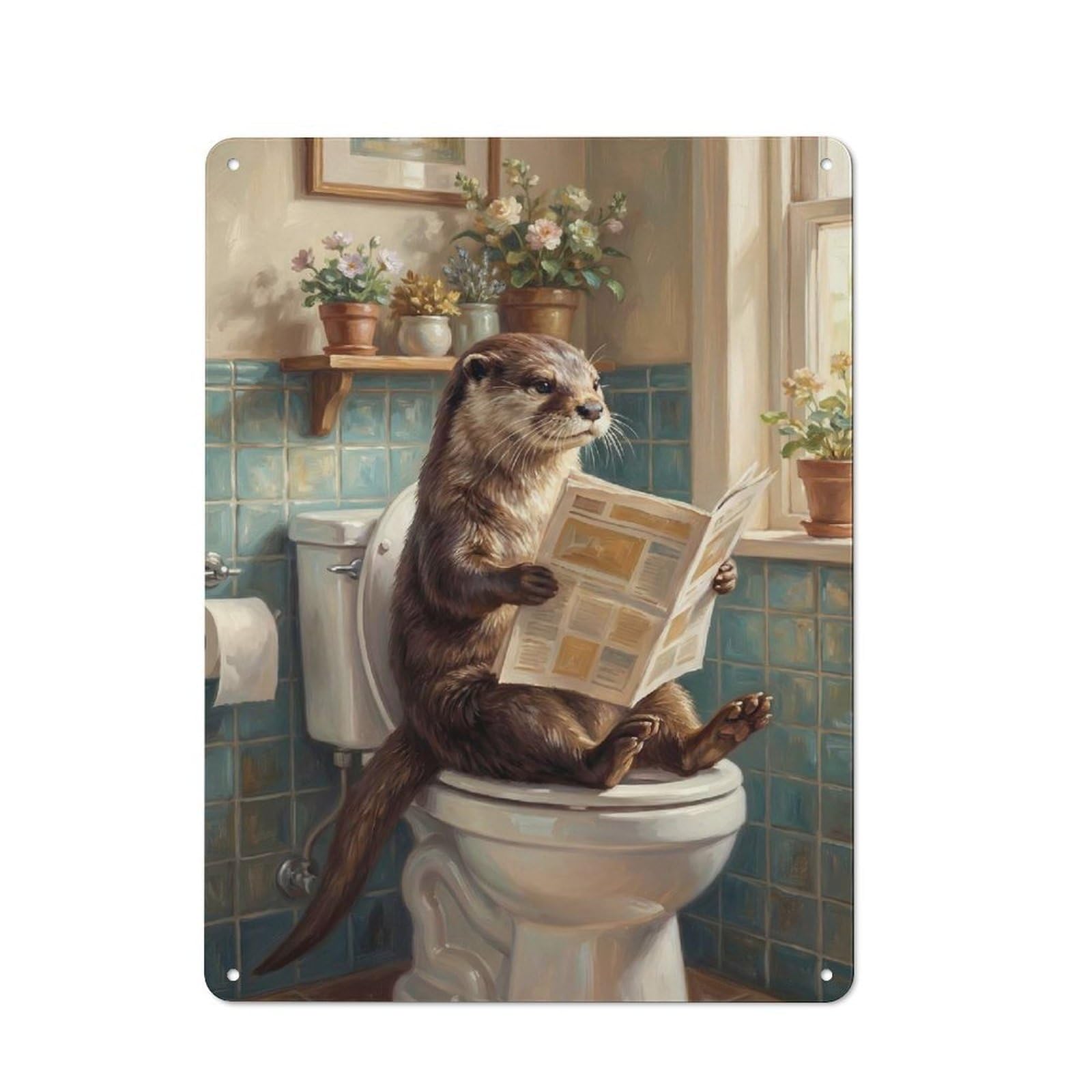 Otter Reading Newspaper on Toilet Retro Metal Sign 40x30cm, Distressed Look Retro Room Decor for Living Room, Hallway, Kitchen Or Cafe