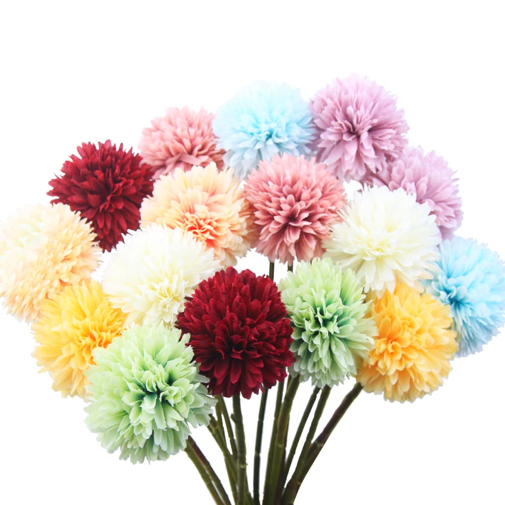 16 Pcs Multicolor Flowers Artificial Chrysanthemum Ball Silk Flowers Hydrangea Bridal Wedding Bouquet Artificial Flowers for Home Garden Party Coffee House Decoration Christmas