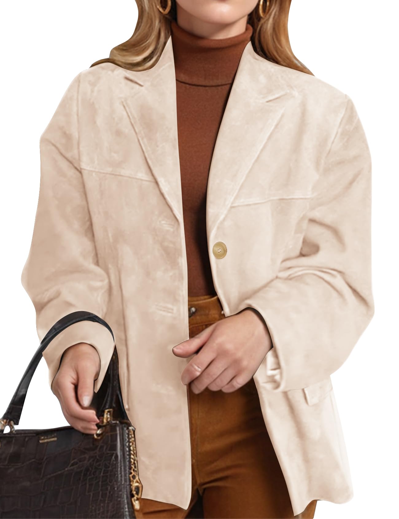 Flygo Womens Faux Suede Blazer Jacket Vintage Long Sleeve Button Down Casual Blazer Business Work Outfits Beige-S