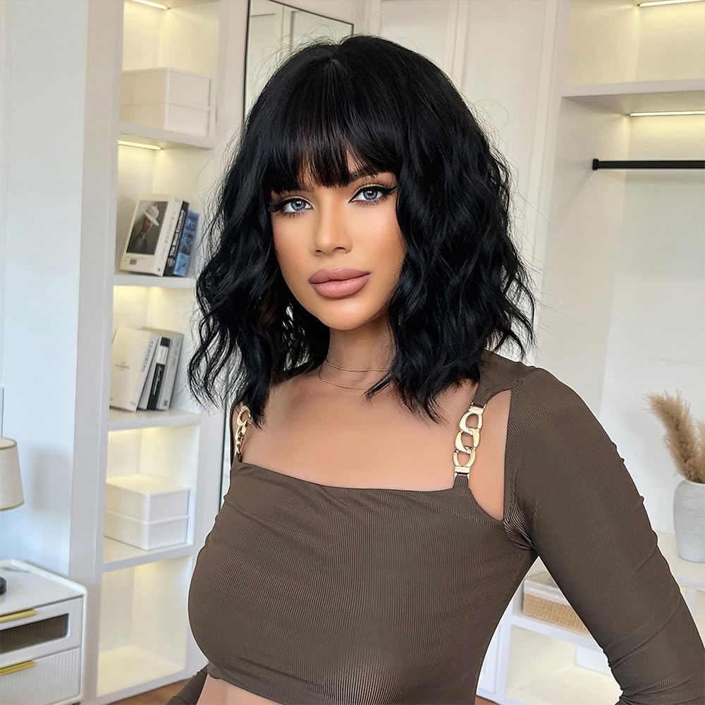 Breathable Black Bob Wigs Human Hair Wavy with Bangs Heat Resistant Shoulder Length for Women Natural Look Daily Party (Natural Black)