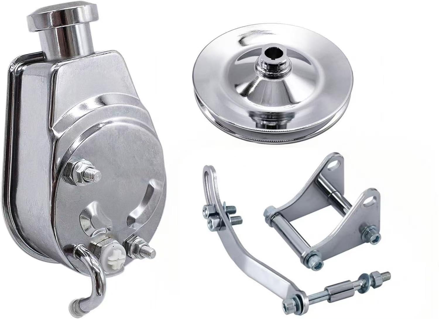 Chrome Power Steering Pump with pulley and Bracket Kit Compatible with Small Block Chevy Long Water Pump SBC 265 283 305 327 350 383 400 Engines