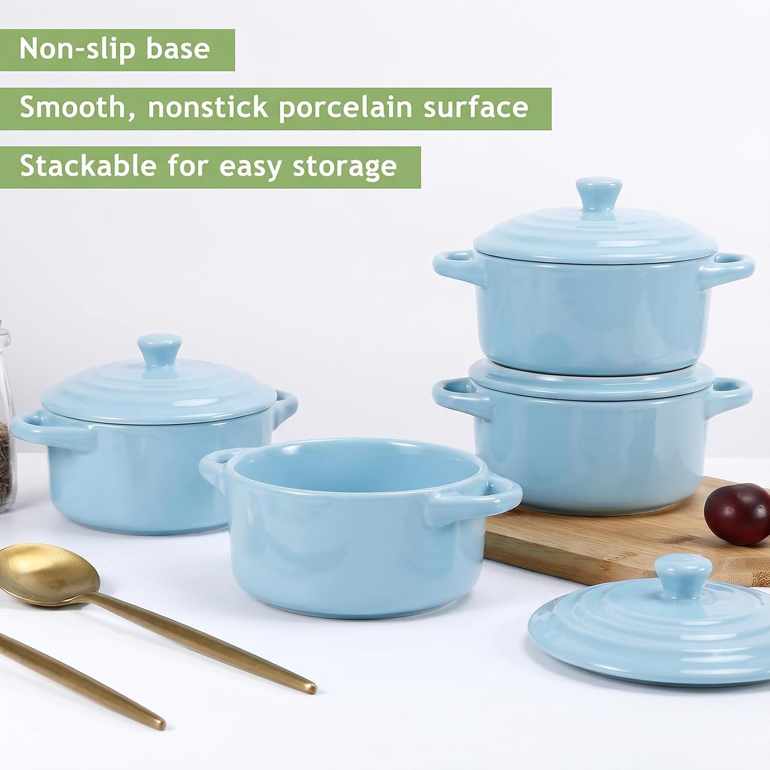 4 Piece Ceramic Cocotte Set, 16 oz Mini Casserole Pots with Lids and Side Handles, Small Soup Pot, Individual Baking Ramekins for Baking Serving, Microwave Oven & Dishwasher Safe, Sky Blue