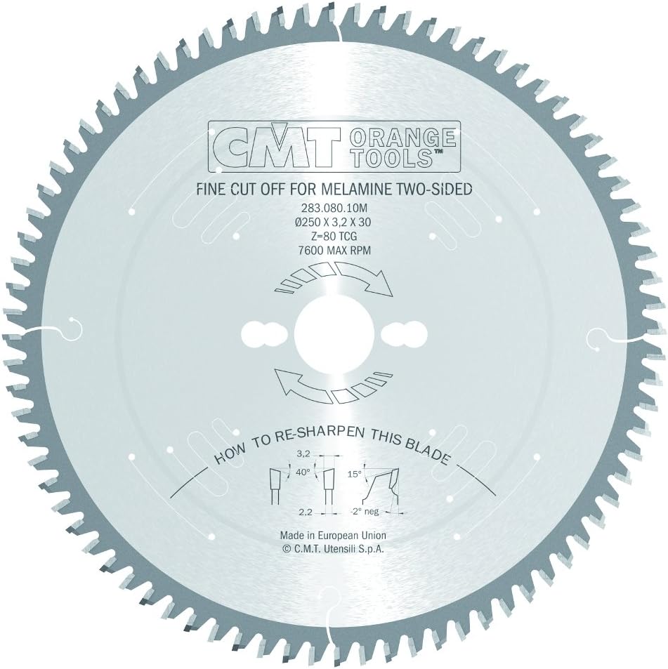CMT 283.080.10M Industrial Melamine and Fine Cut-Off Saw Blade, 250mm 9-27/32-Inch by 80 Teeth 40-Degree ATB with 30mm Bore
