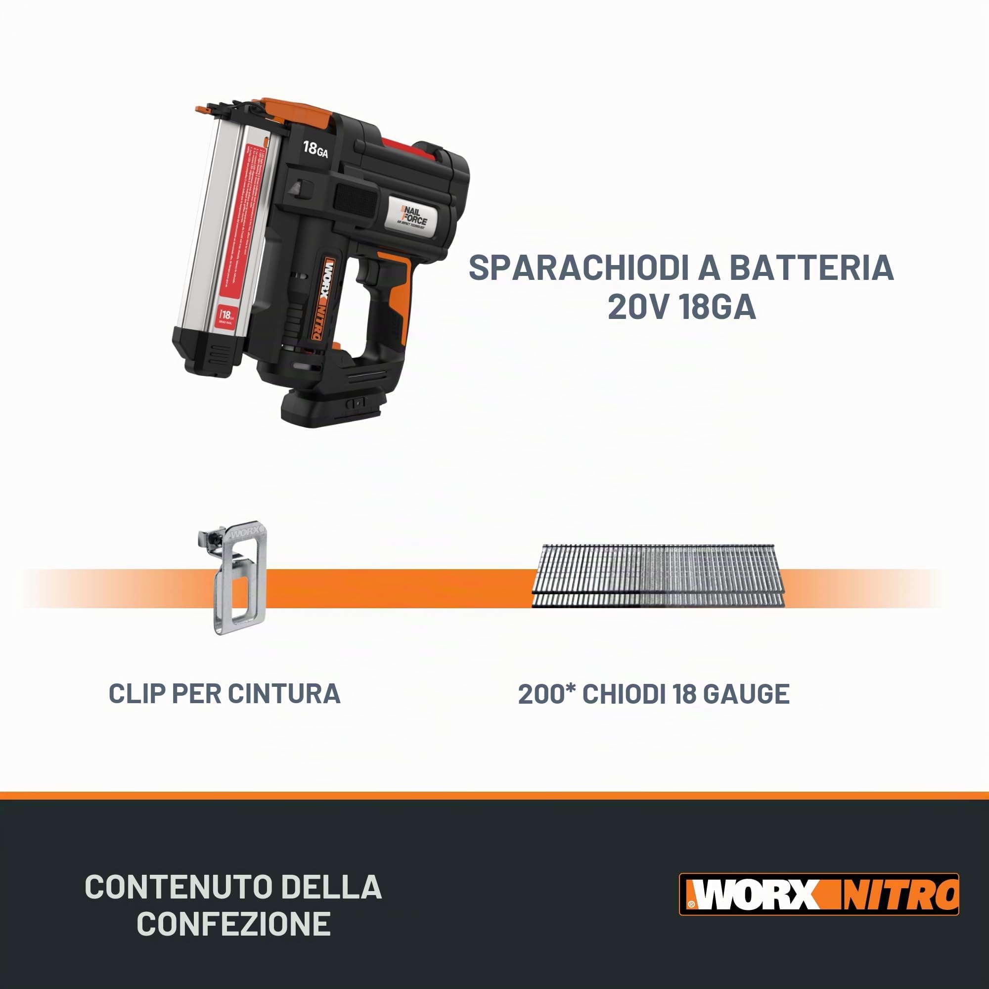 Chiodatrice a batteria 20 V - 18 GA | Worx | PowerShare | WX842.9 | Chiodi da 1,2 mm e fino a 50 mm di lunghezza