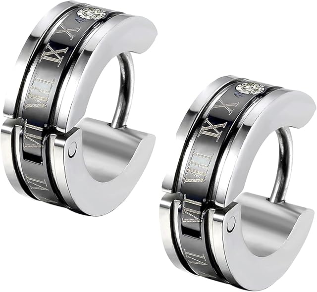 Flongo Men's Classic Biker Stainless Steel Engraved Roman Numerals Classic Polished Hoop Hinged Earrings