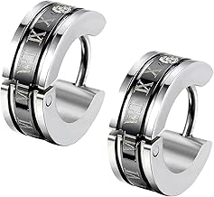 Flongo Hoop Earrings for Men Women: Small Cubic Zirconia Earrings with Roman Numerals Engraved in Stainless Steel Gift Ideas