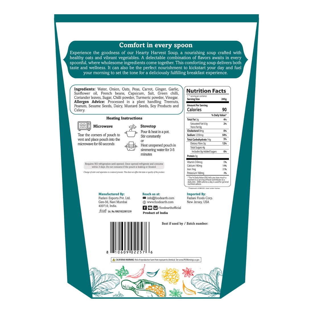 Food Earth Hearty Harvest Soup, Pack of 6 (300 g Each), Vegan & Gluten-Free, Ready-to-Eat Oat & Vegetable Soup, 10.58 oz Each