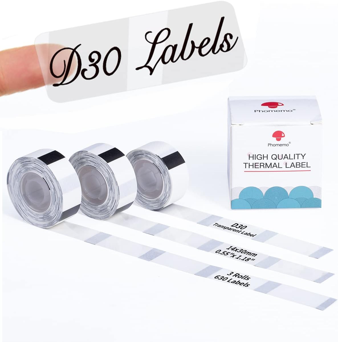Clear D30 Label Maker Tape - Transparent D30 Label Maker Tape 14x30mm Memoking D30 Label Paper Compatible with Phomemo D30 Label Tape - 3 Rolls Clear D30 Labels (0.55x1.18,210PCS/Roll)