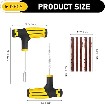 12 PCS Vacuum Tire Repair Tool Kit, DIY Tire Patching Set with Tire Repair Strips and Tools, Universal Tire Repair Kit for Car, Motorcycle Bicycle Tire Emergencies