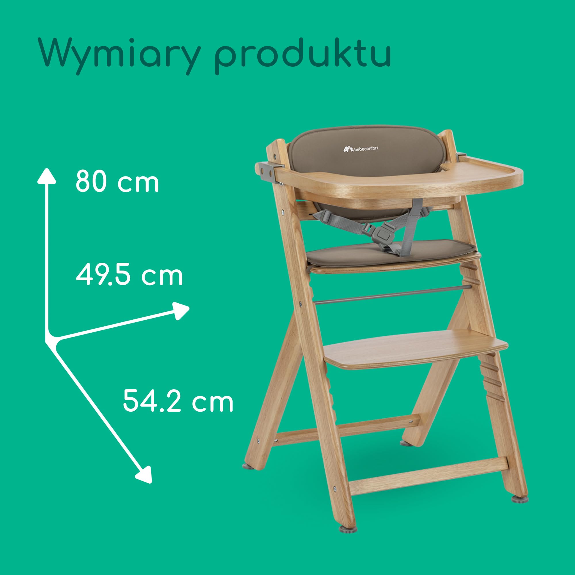 Bebeconfort Timba 2 z Poduszką, Krzesełko Dziecięce Drewniane, 6+ Miesięcy, Do 110 kg, Ergonomiczne Krzesełko do Karmienia, Pasuje do Wielu Stołów, Wyjmowana Taca, Natural Wood + Beige