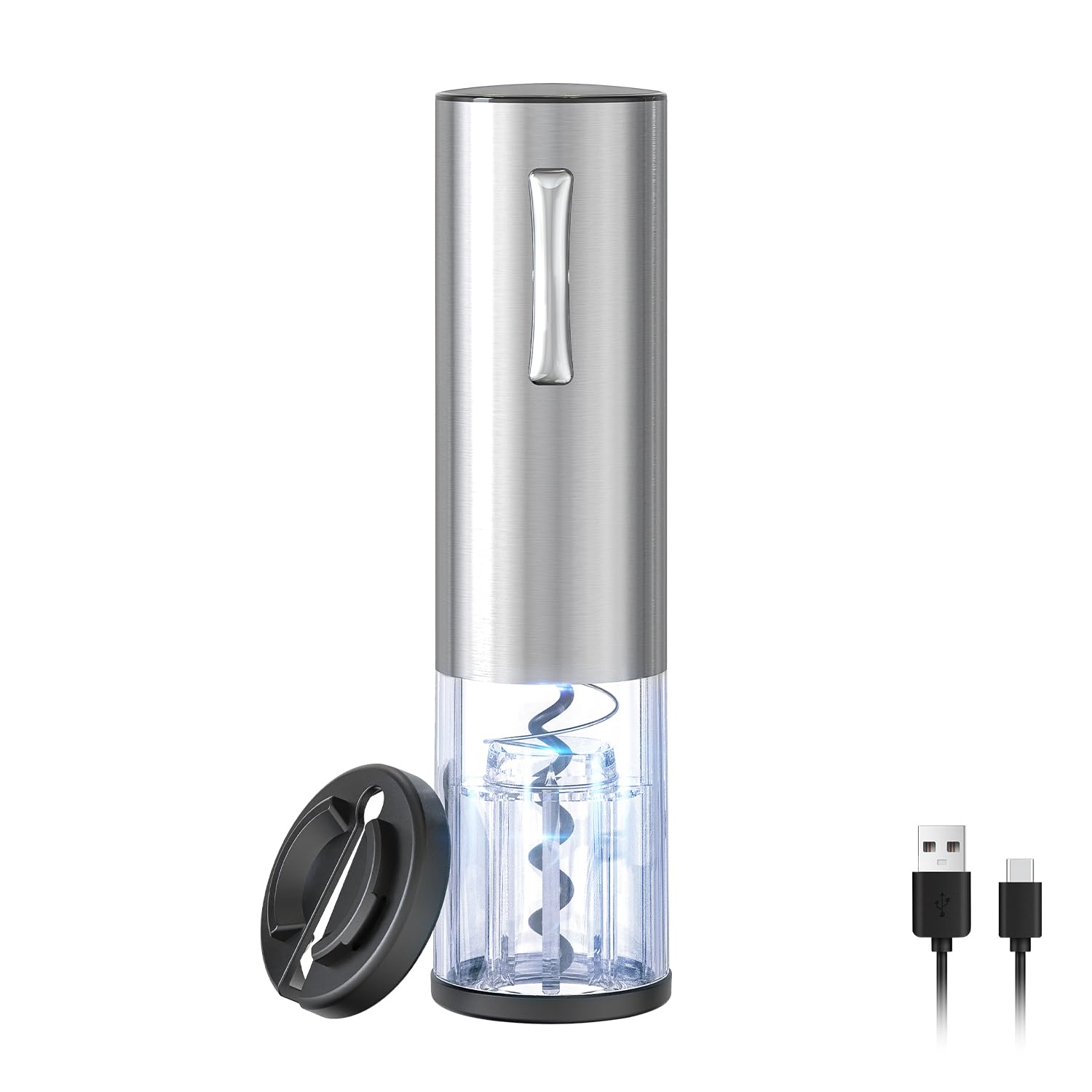 ELMWAY VinoLux Compact Rechargeable Wine Opener – Electric Corkscrew with Foil Cutter, LED Light, Stainless Steel Shell & Transparent Window