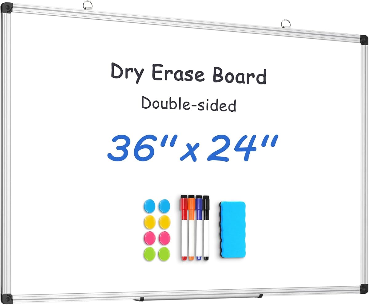 Double Sided Dry Erase Board 36"x24" Magnetic Whiteboard for Wall | 11-Layer, Aluminum Frame, Smooth Write & Clean, Wall Mount & Hanging, Full Accessories for Home, Office, School