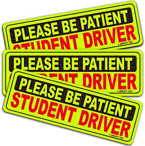 Anley Reflective Student Driver Magnet Car Signs - Please Be Patient Student Driver - Yellow Large Bold Text Vehicle Safety Bumper Sticker Magnetic Decal For New Driver Beginner (10 inch) - Set of 3
