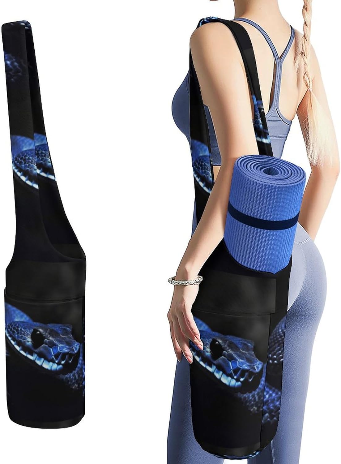 Canvas Yoga Bag,Blue Snake Printed Yoga Mat Handbag,Portable Yoga Mat Bag Large Capacity Gym Bag for Men Women Pilates Beach Travel