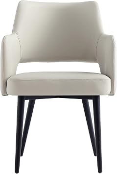 Manhattan Comfort Tremont Modern Faux Leather Dining Chairs with Arms, Elegant Leatherette Upholstered Seat, High-Density Foam, Steel Legs, Stylish & Versatile Armchair, Set of 1, Stone