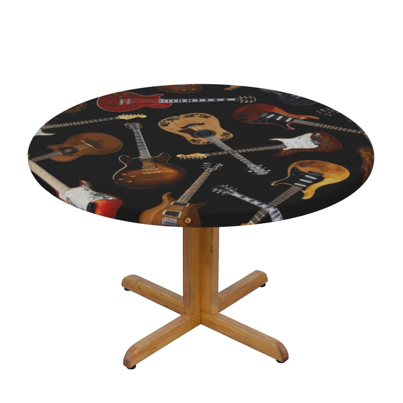 Lsjuee Round Fitted Tablecloth 40-44in Elastic Edged Table Cloth for Kitchen Dining Party Home Decor - Guitar Music Black