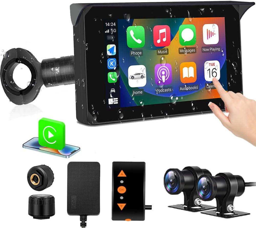 VSYSTO Motorcycle Carplay Screen, Wireless Carplay and Android Auto, Parking Monitoring,Tire Pressure Sensors, GPS 5 Inch Touchscreen WiFi Motorcycle Dash Camera SONYIMX307 1080P Front and Rear Camera