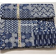 Blue Indigo Print Less Cotton Handmade Handblock Quilted Blanket Indian Cottodspread Kantha Indigo Print Beork Bohemian Bed Decor Block Throw Blanket Twin/King/Queen 60X90 inch