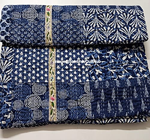 Sambhav Quilt Hub Blue Indigo Print Less Cotton Handmade Handblock Quilted Blanket Indian Cottodspread Kantha Indigo Print Beork Bohemian Bed Decor Block Throw Blanket Twin/King/Queen (90X108 inch)