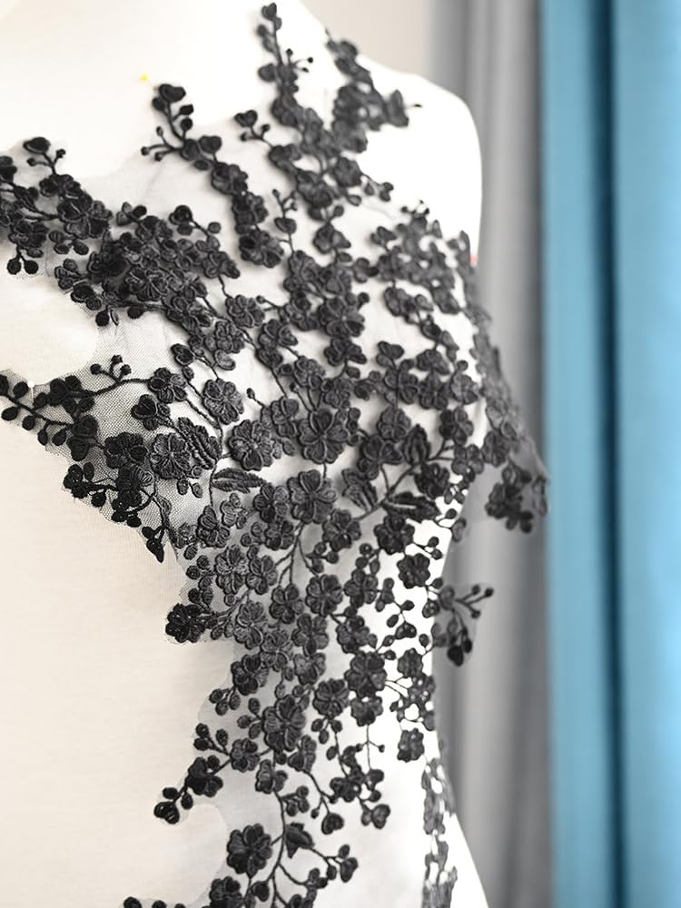 Ivory White Black Plum Blossom Flower Embroidery lace Appliques for Wedding Dresses sew on Applique Patches Embroidery lace parches ropa (Black)