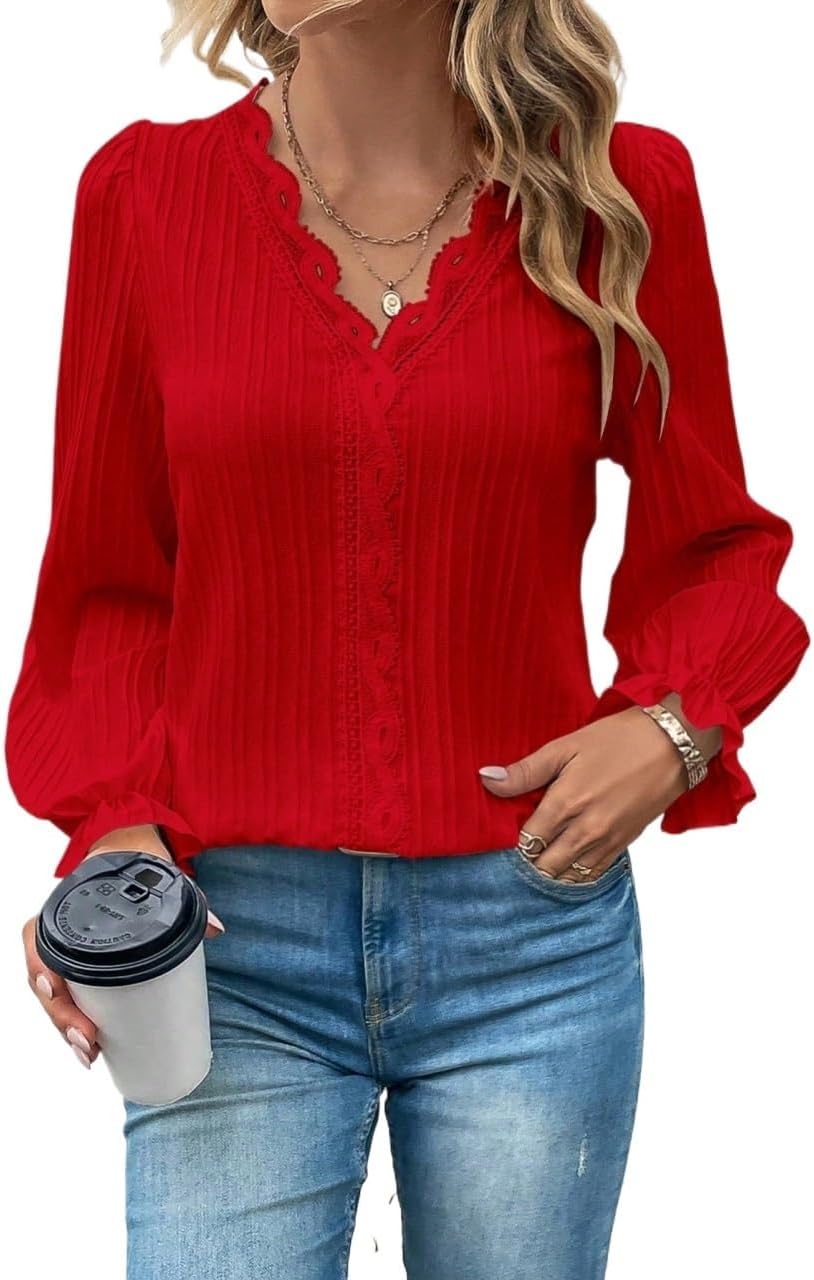 Women's Classic-Fit Shirt Lace Trim Sleeve Blouse For(Medium)