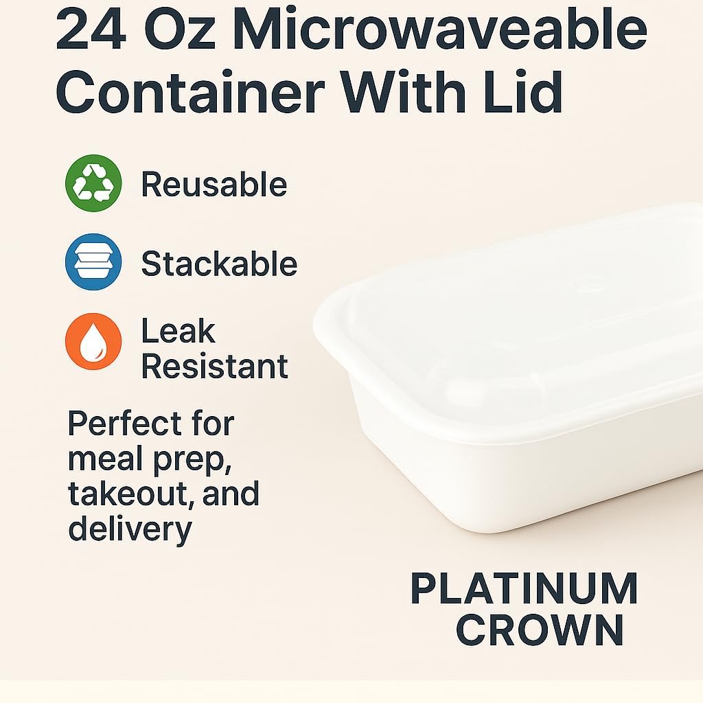 [50 Sets]Microwave Safe Meal Prep Food Container with Lid (838, White), Reusable, Leak Resistant Seal, BPA-Free, Freezer & Dishwasher Safe, 7.25”x5"x2"(LxWxH), 50 Packs, 24oz Base w/Clear Lid