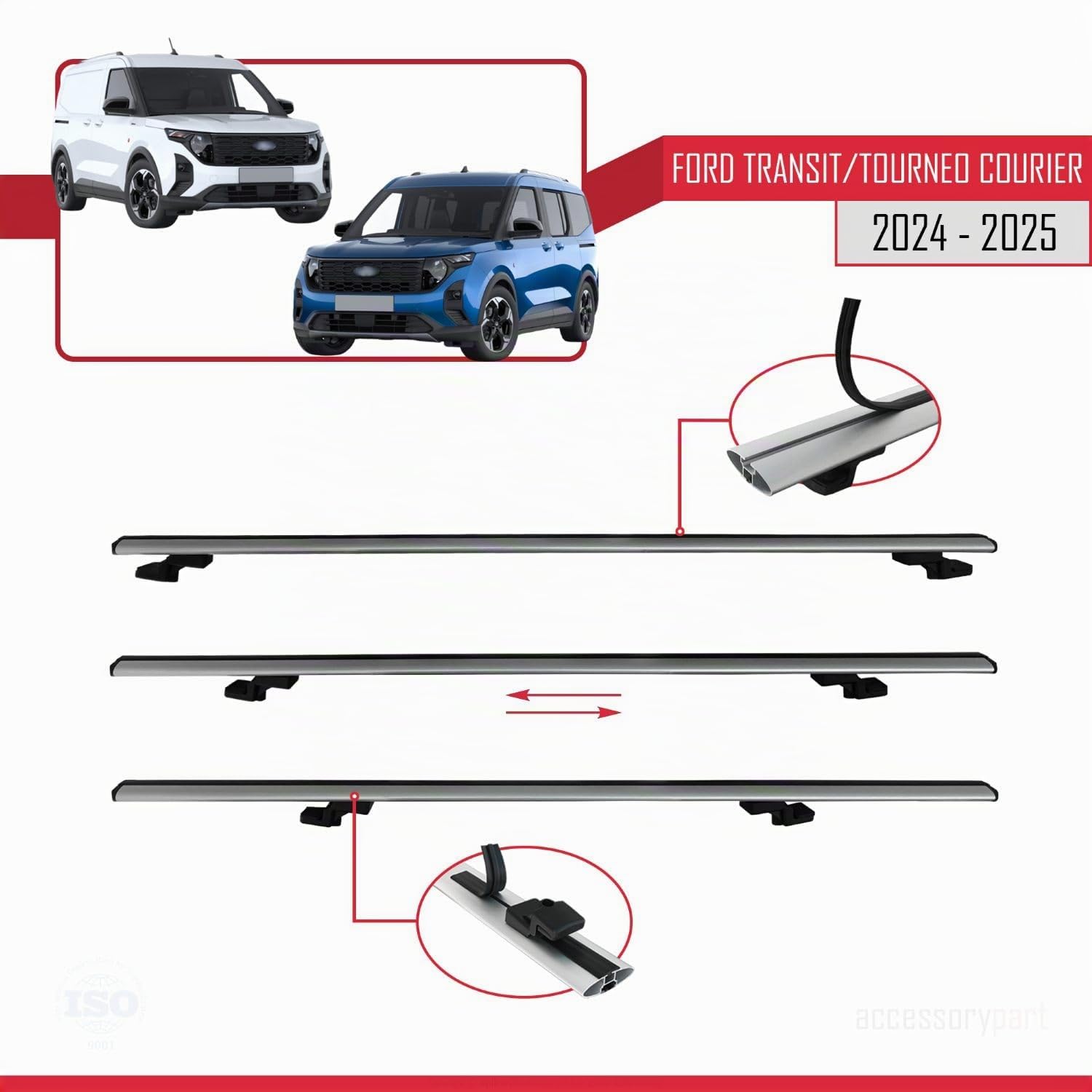 Compatibile con Ford Transit/Tourneo Courier 2024-2026 BASIC Model Barre Tetto Portapacchi Auto Barre Portatutto Grigo Alluminio 2 Barre