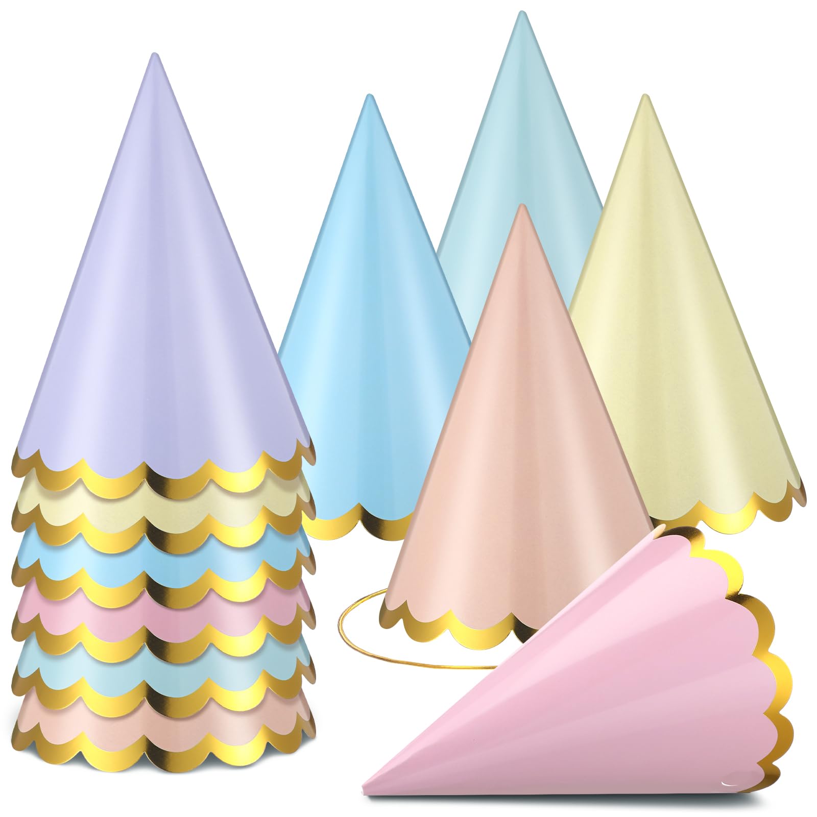 Panitay 48 Pcs Pastel Party Hats - Cone Paper Hats With Elastic String for Birthday Celebration - Memorable Party Favors and Bridal Shower Decorations