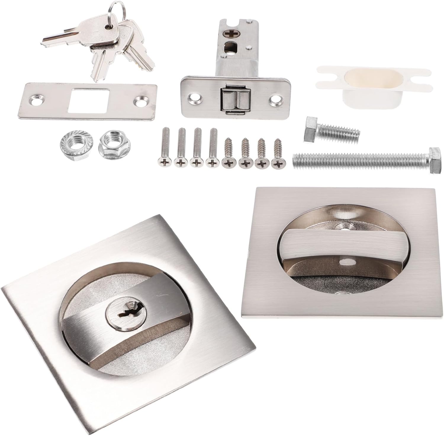 Privacy Pocket Door Lock with Keys Zinc Alloy Metal Hardware Invisible Lock for Bedrooms Bathrooms Offices Easy DIY Installation Brushed Finish