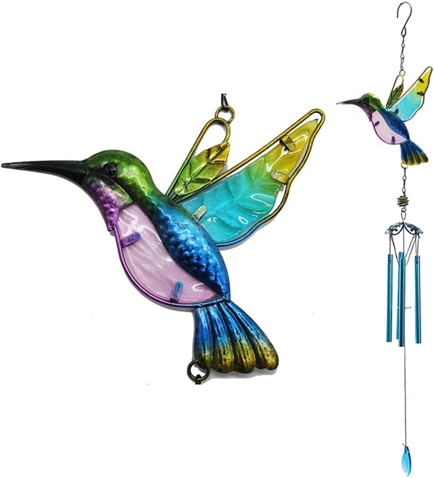 Glass Hummingbird Wind Chimes, Outdoor Stained Metal & Glass Hummingbird Chime with Bell/Tubes Hanging Ornament for Home, Party, Festival Decor, Garden, Yard Decoration